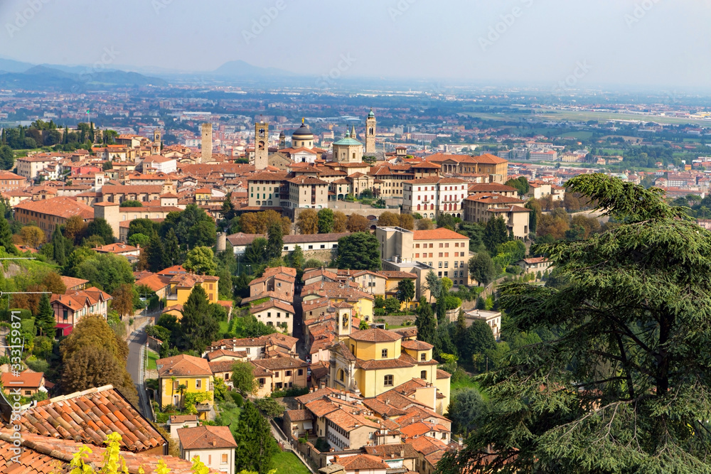 Panorama of Bergamo, View from the hill. Summer. 