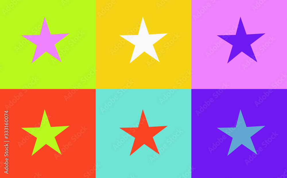 Pop art style star vector pattern on multiple and repeated colorful psychedelic background.