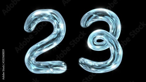 The water alphabet. Liquid digits 2 3 appear, fluctuate for 12 seconds, and disappear. With alpha channel.