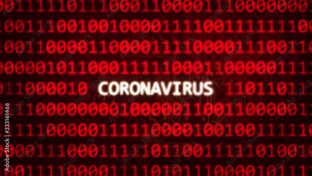 Coronavirus text on random binary code red screen 3D render	