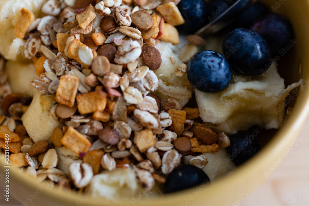 Breakfast bowl. Yogurt, cereals, berries and banana