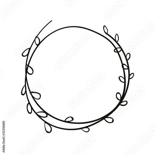 Vector hand drawn spring wreath isolated on white background. Outline willow branch. Doodle style. Floral frame.