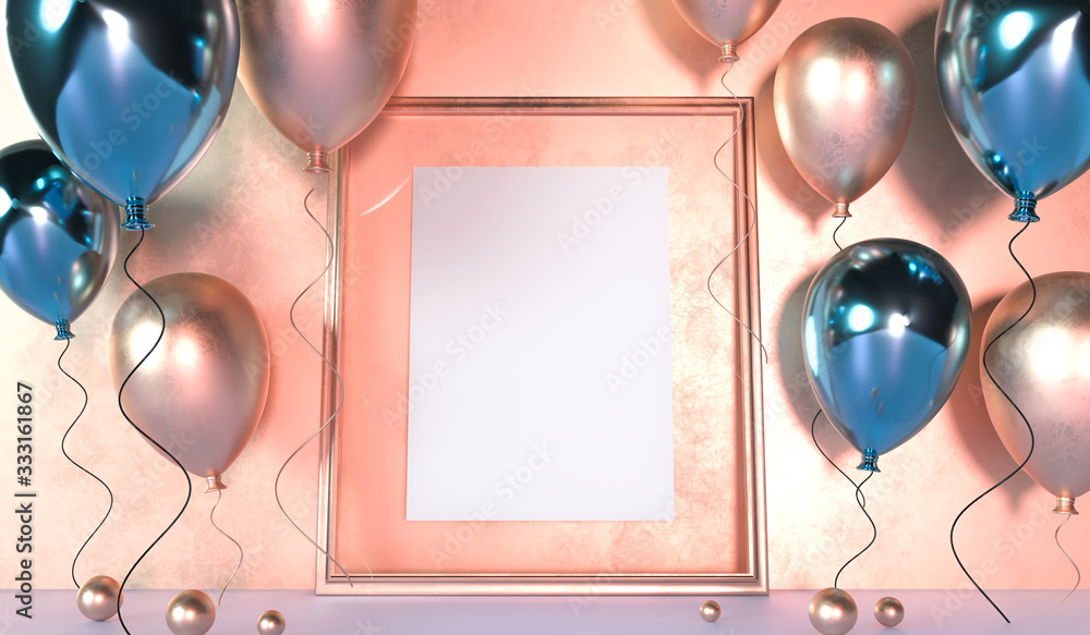Fototapeta premium Mock up golden picture frame. Colorful balloons next to golden picture frame in front of wall. 3D Rendering. Party banner design with black and gold balloons.