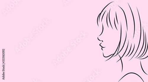 女性の横顔。ピンク背景のシンプルおしゃれイラスト