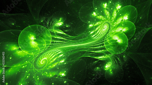 Foto Green glowing spiral correlated quantums abstract background