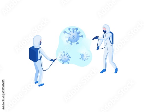 Disinfection of Coronavirus to prevent 2019-nCoV contamination, man in hazmat suit and protective face mask spraying disinfectant on virus particles, isometric vector 3d illustration