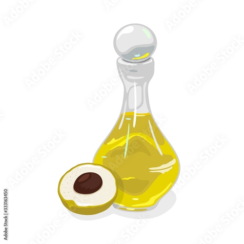 Half of ripe longan fruit with seed is near transparent glass bottle closed by round cap containing oil. Natural remedy with antioxidant and anti-inflammatory properties. Vector isolated on white.