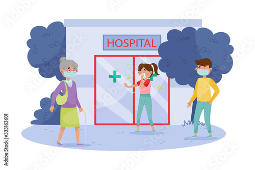 People Characters in Protective Masks Walking in the Street and Going to Hospital with Coronavirus Symptoms Vector Illustration