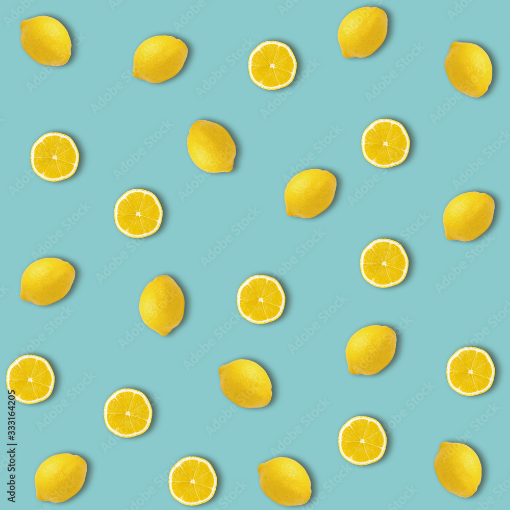 lemons pattern on blue background, healthy vegan diet