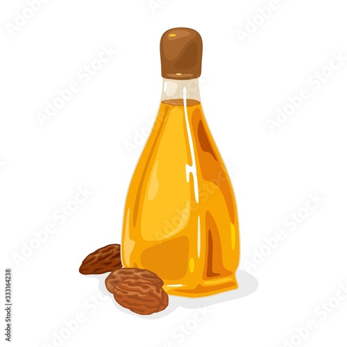 Almond nuts are near glass bottle with yellow oil closed by brown plastic cap. Antioxidants, fatty acids source. Multipurpose, non-toxic beauty treatment. Vector isolated on white for packing design.