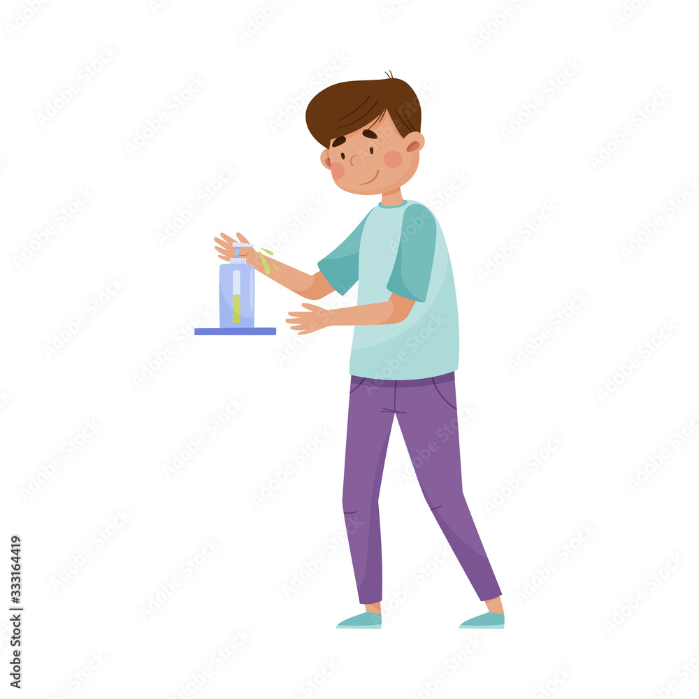 Man Character Using Sanitizer for Hands Bacterial Purification Vector Illustration Man Character Using Sanitizer for Hands Bacterial Purification Vector Illustration