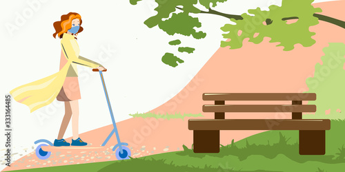 Girl on a scooter and wearing a mask goes to the Park
