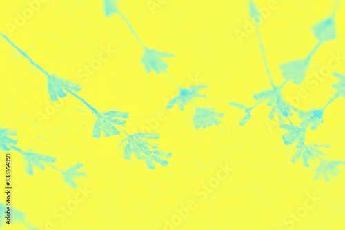 Vivid yellow background with blue turquoise lavender flowers pattern