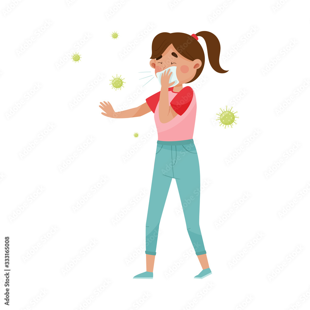 Young Woman Suffering from Virus Symptom Like Sneezing Vector Illustration Young Woman Suffering from Virus Symptom Like Sneezing Vector Illustration
