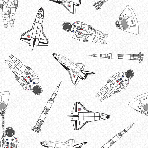 Vector Space Shuttles Rockets Capsules Astronauts with Stars on White Background Seamless Repeat Pattern. Background for textiles, cards, manufacturing, wallpapers, print, gift wrap and scrapbooking.