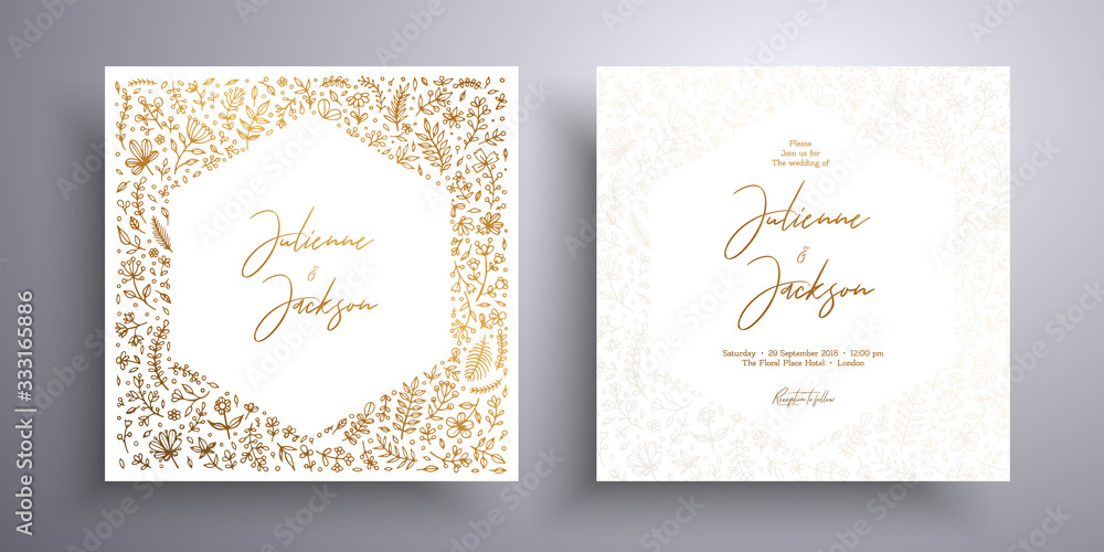 Vector golden frame of leaves and blooming plants. Botanical cards templates. Beautiful layout that can be used for design cover, wedding invitation, greeting cards, brochure and etc