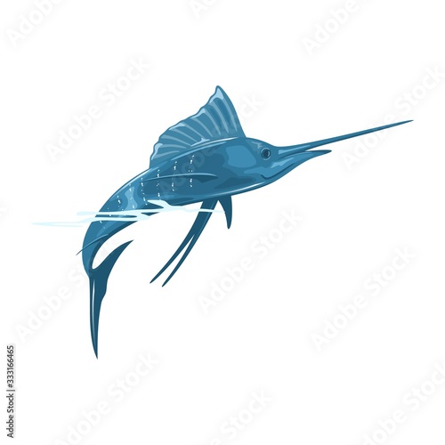 Swordfish or broadbill is large, predatory fish with elongated, round-bodied and long, flat, pointed bill. Using for cooking grill, steak, marinate . Vector cartoon illustration isolated on white.