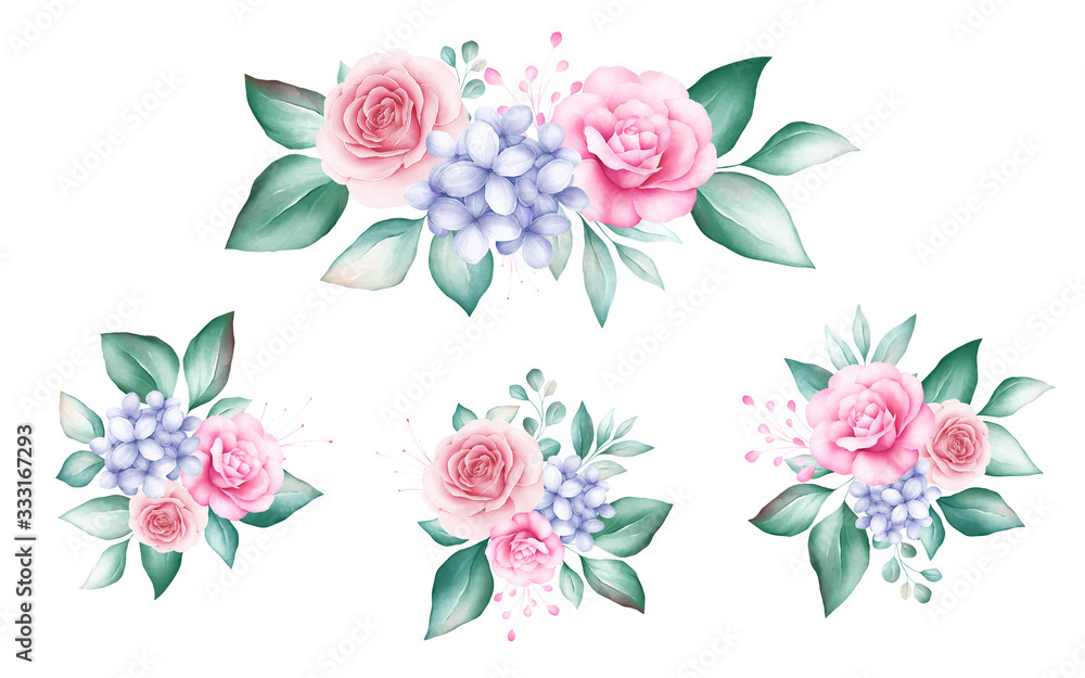 Set of watercolor floral bouquet. Botanic decoration illustration of peach roses and blue flowers, leaves, branches. Botanic elements for wedding or greeting card design vector