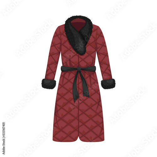Flat vector quilted winter women's coat with fur collar. Women's clothing.