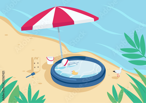 Inflatable pool and sun umbrella on sand beach flat color vector illustration. Parasol, sandcastle and children swimming pool. Summer vacation. Seacoast 2D cartoon landscape with water on background