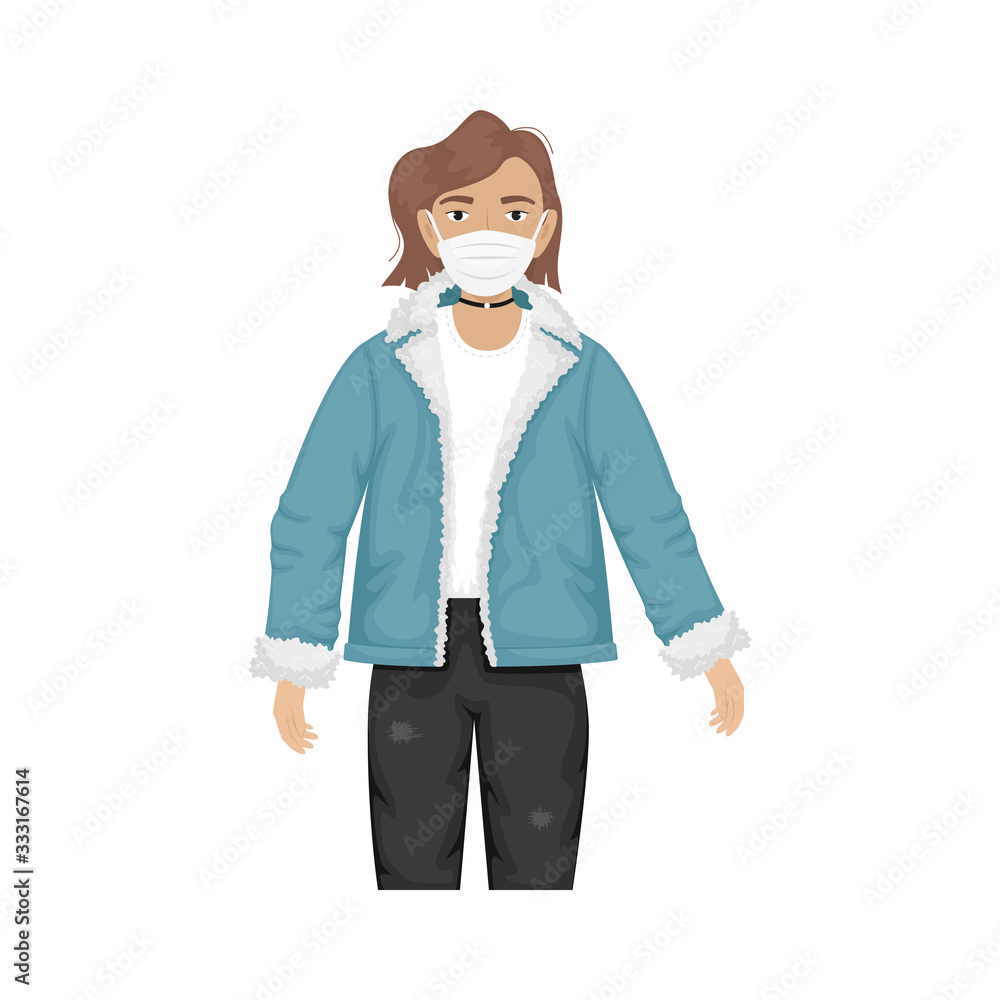 Flat vector illustration of a fashionable girl in a denim jacket with fur and trendy glasses and protective masks against viruses. Prevention of the coronavirus epidemic.