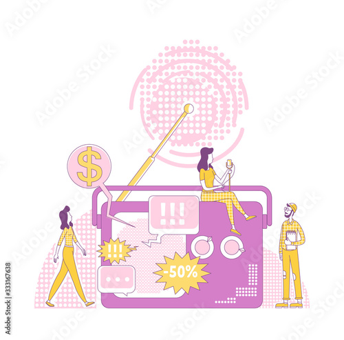 Radio advertising thin line concept vector illustration. Marketer, host and listener 2D cartoon characters for web design. Public announcement, advertisement broadcasting creative idea