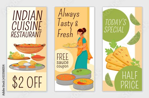 Indian cuisine restaurant flyers flat vector templates set. Special offer, half price printable leaflet design layout. Free sauce coupon advertising web vertical banner, social media stories