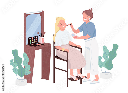 Make up flat color vector characters. Cosmetology treatment for young woman. Professional makeup artists. Stylist adviser. Visage instruction. Beauty salon procedure isolated cartoon illustration