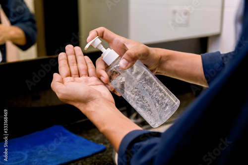 Washing hands rubbing with gel man for covid-19 virus prevention, hygiene to stop spreading covid-19virus.