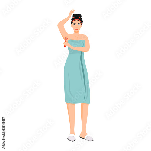 Woman in towel shaving armpits flat color vector faceless character. Morning shower, hygiene routine isolated cartoon illustration for web graphic design and animation. Girl removing body hair