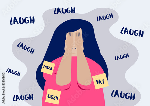 Flat Layer Cartoon of  Woman Victim of Bullying Who Suffer From Public Censure by Her Weight