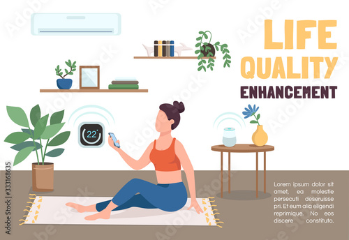 Life quality enhancement banner flat vector template. IOT technologies brochure, poster concept design with cartoon characters. Climate control system horizontal flyer, leaflet with place for text