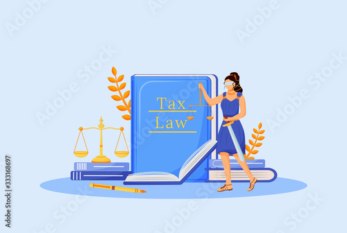 Tax law flat concept vector illustration. Themis 2D cartoon character for web design. Economic education, financial literacy. Taxation policy learning, legal obligation creative idea