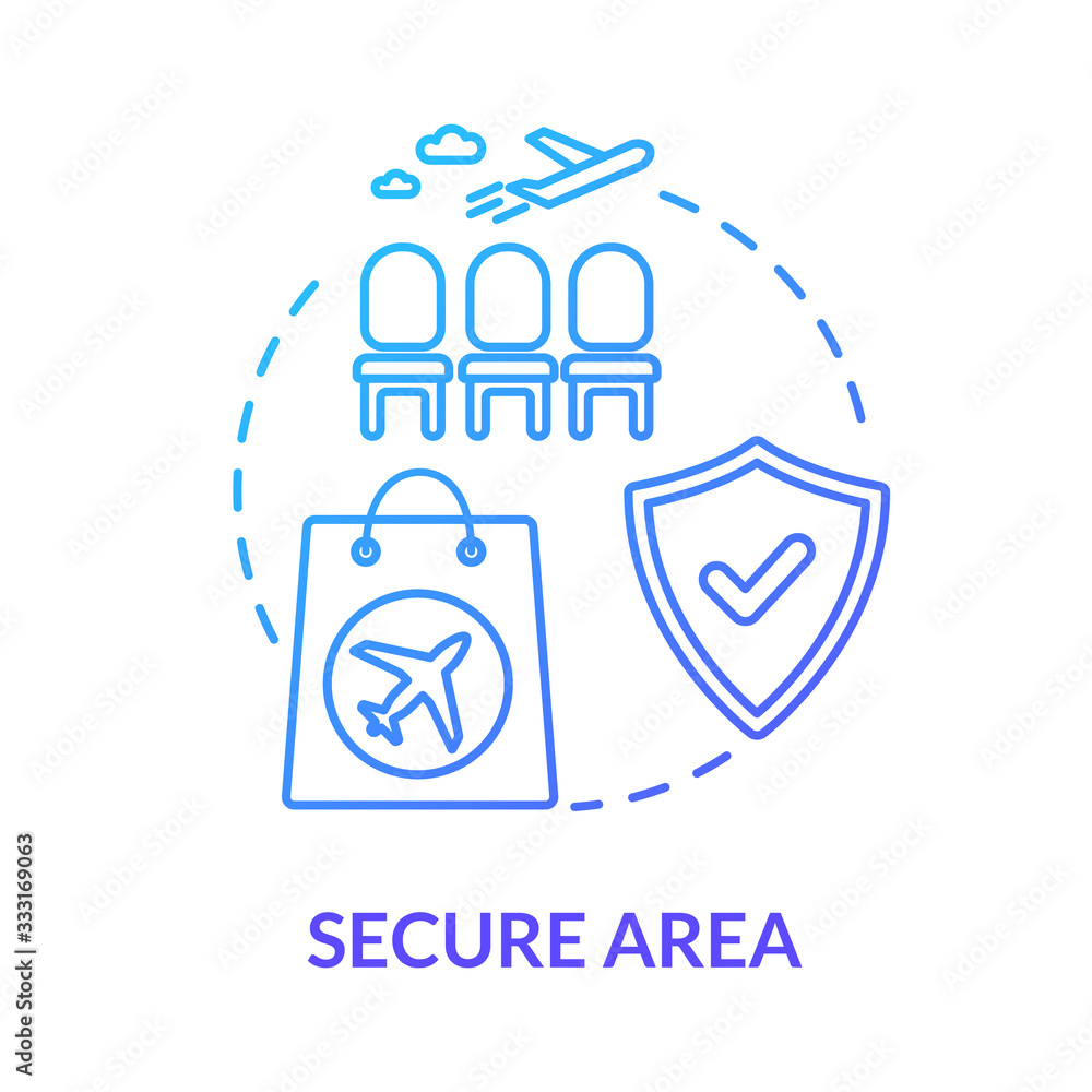 Airlines secure area concept icon. Airport terminal lobby. Waiting room for passengers idea thin line illustration. Departure lounge. Vector isolated outline RGB color drawing Airlines secure area concept icon. Airport terminal lobby. Waiting room for passengers idea thin line illustration. Departure lounge. Vector isolated outline RGB color drawing