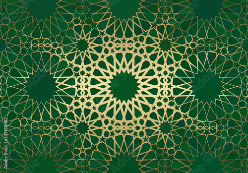 Abstract background with islamic ornament, arabic geometric texture. Golden lined tiled motif.