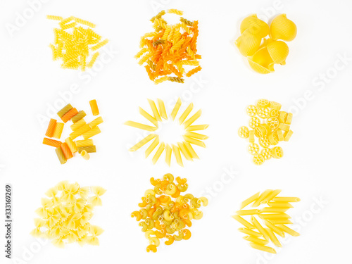 Collage heap of pasta on white background