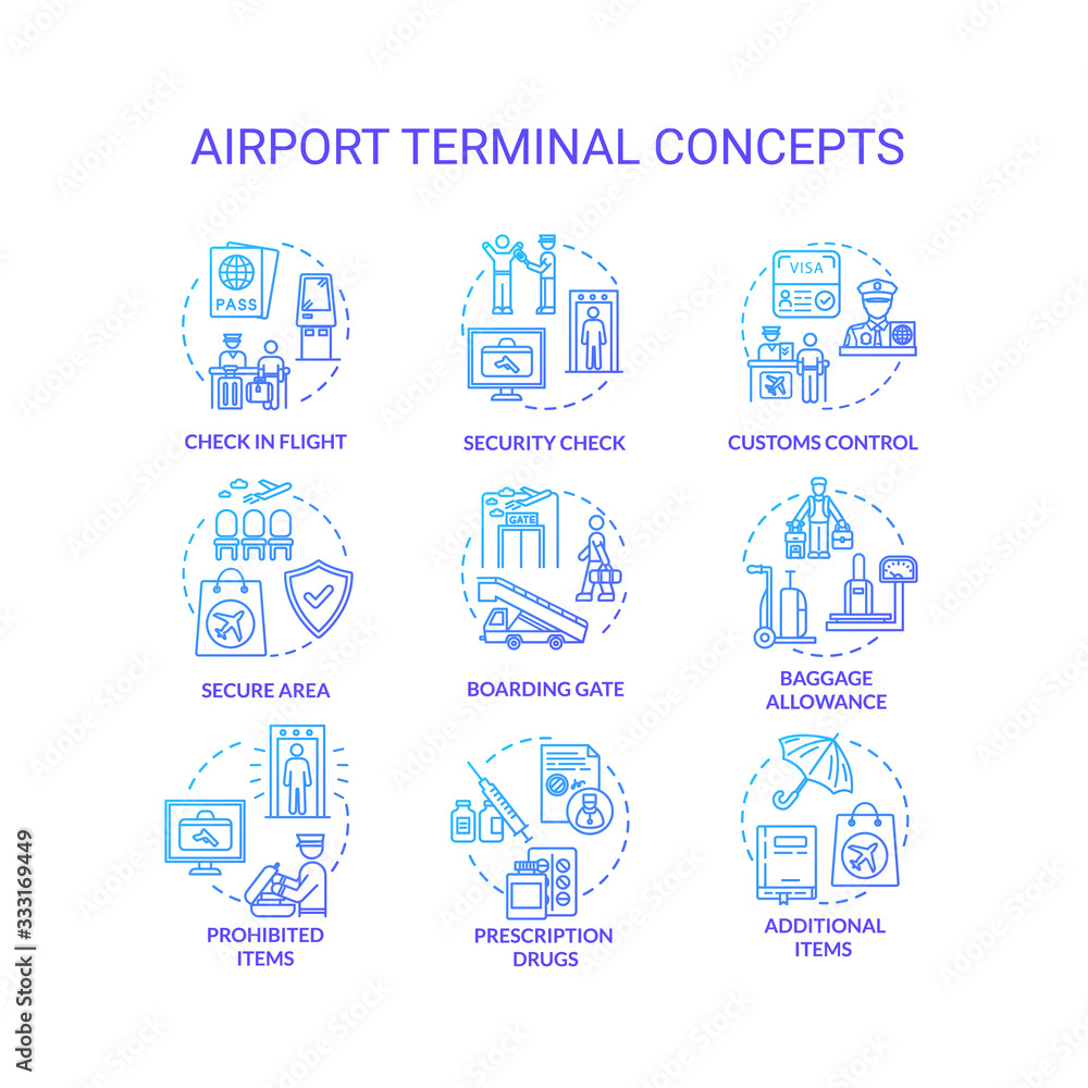 Airport terminal concept icons set. Security check, boarding gate idea thin line RGB color illustrations. Customs control, baggage allowance. Vector isolated outline drawings Airport terminal concept icons set. Security check, boarding gate idea thin line RGB color illustrations. Customs control, baggage allowance. Vector isolated outline drawings