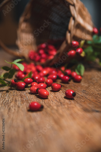 Dark red rose hip on basket