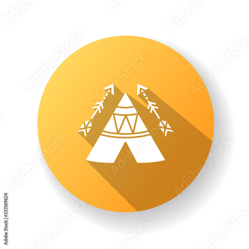 Tribal teepee in boho style flat design long shadow glyph icon. Native American Indian dwelling. Hut with ethnic ornaments. Wigwam and arrows. Ethnic decoration. Silhouette RGB color illustration