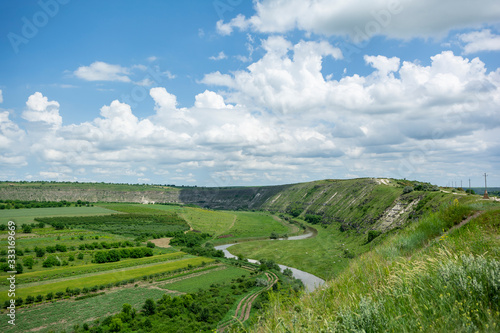 Beautiful view on River Raut (Reut) and farmers fields from the top of the hill in Old Orhei, Moldova