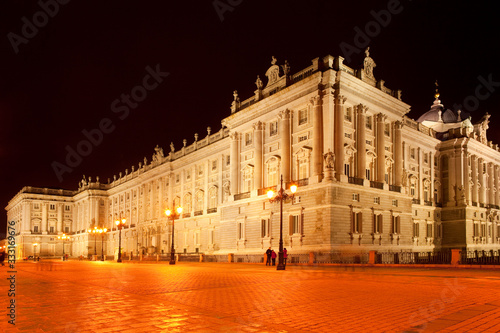 A night view of Palacio Real (Royal Palace) at Plaza de Oriente, Madrid, Spain