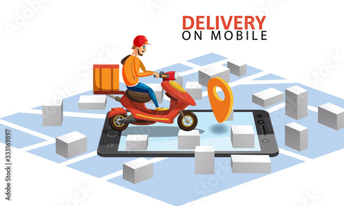 Delivery by scooter moped on mobile tracking online, map isometric
