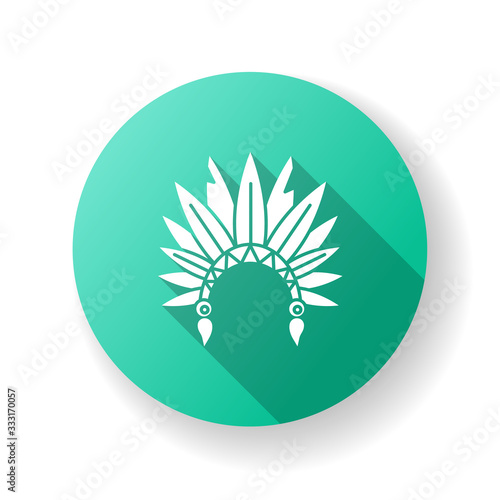 Native Indian American chief hat flat design long shadow glyph icon. Cherokee tribe ceremonial headwear. Ethnic accessory. Ancient headdress with bird feathers. Silhouette RGB color illustration