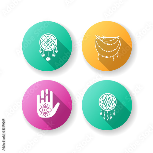 Accessories in boho style flat design long shadow glyph icons set. Palmistry, witchcraft and esoteric amulets. Arrow and beads charm. Dreamcatcher talisman. Silhouette RGB color illustration