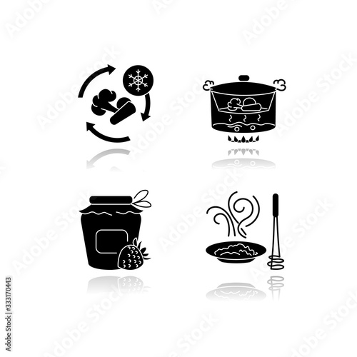 Culinary methods drop shadow black glyph icons set. Products preparation and conservation techniques. Food freezing, canning, steaming and puree isolated vector illustrations on white space
