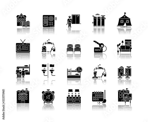 Dormitory drop shadow black glyph icons set. Communal space. Living accommodations. Hostel, hotel. Shared room. Common bedroom. University campus. Isolated vector illustrations on white space
