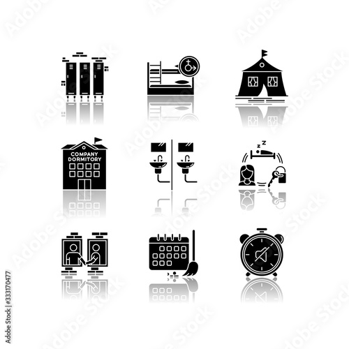 Living in dormitory drop shadow black glyph icons set. Mixed bedroom. Company dorm. Neighborhood. Cleaning schedule. Quiet hours. Communal bathroom. Isolated vector illustrations on white space