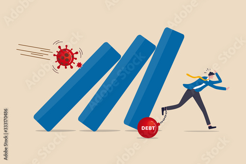 Coronavirus crash, COVID-19 economy collapse company bankrupt with debt from virus flu outbreak, businessman with debt panic running away from collapsing fall down bar graph from COVID-19 pathogen.  