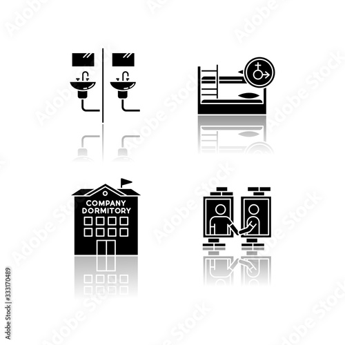 Company dormitory drop shadow black glyph icons set. Communal bathroom. Mixed bedroom. Neighborhood. Shared room. Common space. Corporate accommodation. Isolated vector illustrations on white space