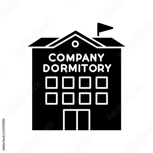 Company dormitory black glyph icon. Housing complex. Accommodations for employees. Housing facilities. Residential area. Apartment block. Silhouette symbol on white space. Vector isolated illustration